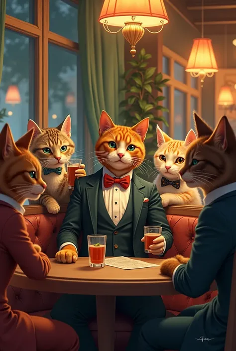 draw a brown male cat who is wearing a suit and he is drinking alchohol with his other cat friends in the cafe