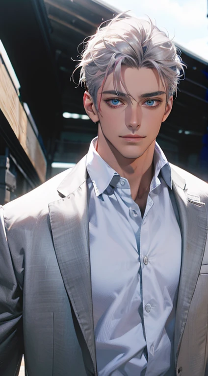 (best quality,4k,8k,highres,masterpiece:1.2),ultra-detailed,(realistic,photorealistic,photo-realistic:1.37),1 man,3,mature man,very handsome,without expression,smile,short grey pink hair,blue eyes,penetrating gaze,perfect face without errors,imposing postu...