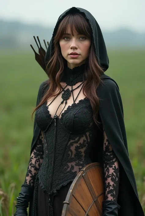 Beautiful gothic, lace suit, lace gloves, arrow and wooden shield8⁸elegant.  Covered with a medieval cape and hood. brown hair, Hair between eyes. blush, parts. In the middle of an extensive field of cultivation.   8k octane, ò, high resolution, masterpiec...