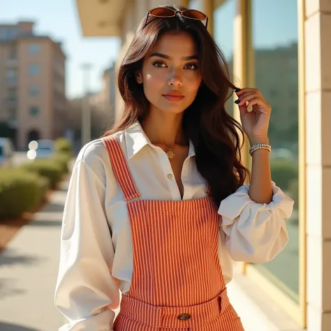 lovely cute young attractive indian girl, brown eyes, gorgeous actress, 2, cute, an Instagram model, long_hair, colorful hair, winter, background and stayle Indian, A woman stands indoors in bright sunlight, wearing a pinstriped jumpsuit over a white shirt...