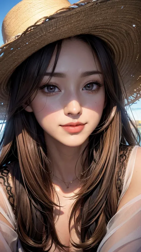 Hyperrealistic portrait in a beautiful smiling lady, fur, wide-brimmed hat, jewelry, fog, sunny landscape, in dark pastel colors in modern style, in a surreal and fantasy setting, combines the artistic styles of Jose Royo, Boris Vallejo, antique textured c...