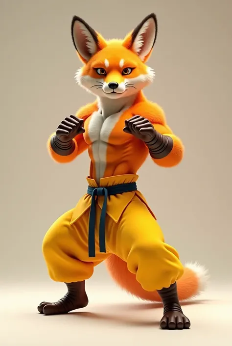 A anthropomorphic fox . With bright orange coat of fur and a bright yellow underbelly. Shirtless. Wearing yellow martial arts pants. Doing a martial arts pose. 