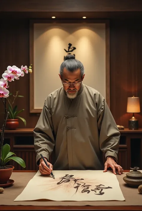 ((masterpiece))((The layout of the study room:There is writing on the wall"Zen"Large-scale central hall works. There is a pot of orchids on the coffee table))((detailed photos))A middle-aged man wearing a loose Tang suit.Standing in front of a large desk i...