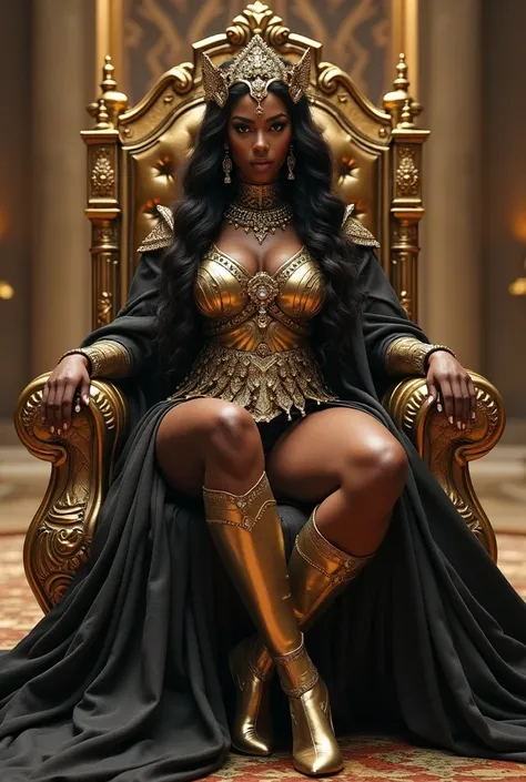 extremely dark skinned Jawara woman, big and protruding butt, large portion, thin waist, metallic fabric, Eloquence, hyper-realistic. challenging, powerful, ((queen)), (Gold Crown), Female Warrior. tails , ornements , nya. 2. long hair, Armor activated, ca...