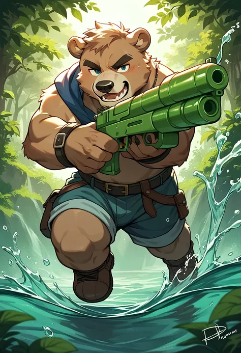 Please draw a little bear. He is a child, mischievous, and has a water gun.