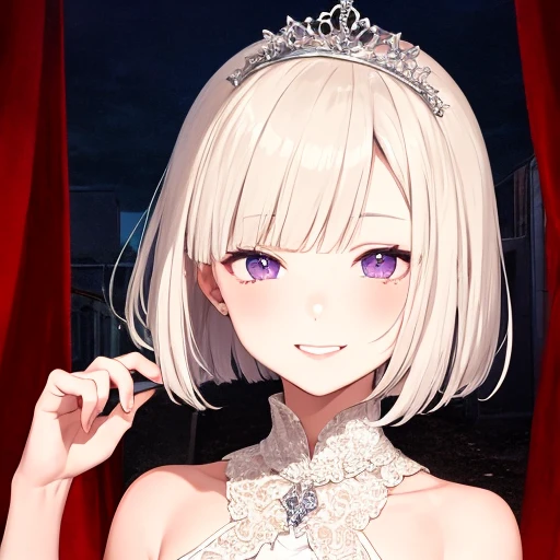 ((best quality)), ((masterpiece)), (detailed), 1girl, light purple eyes, tiara, white dress, short hair, bob haircut, light blond hair with light purple highlights, smile, Sagging eyes