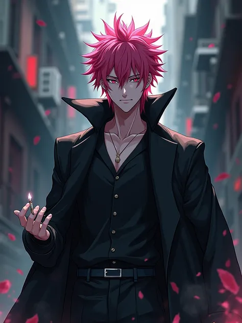 Sukuna from Anime Jujutsu Kaisen, masterpiece, ultra detailed, best quality, ]anime guy with pink hair and a black jacket holding a cigarette, joker looks like naruto, , akiyuki shinbou, jujutsu kaisen, , akatsuki akira, ichigo kurosaki, ohararyu, katsushi...