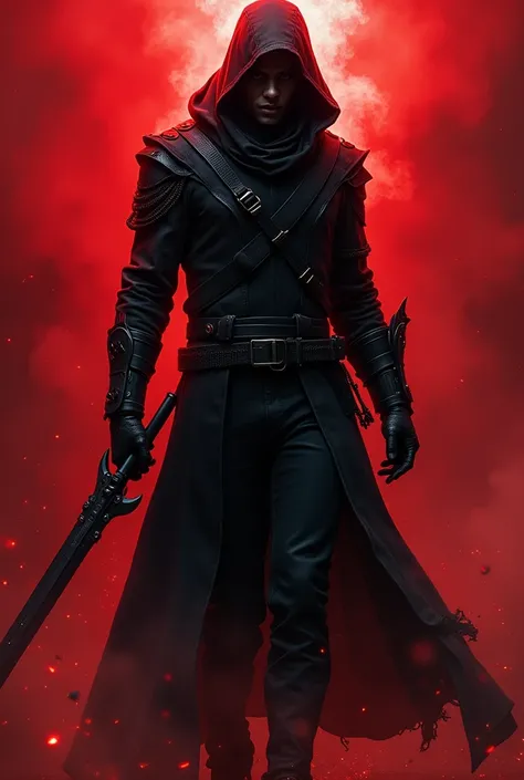 Create me a logo of a character that has a video game theme, wearing black clothes with a weapon in his hand that says the name chaos FF red and black 