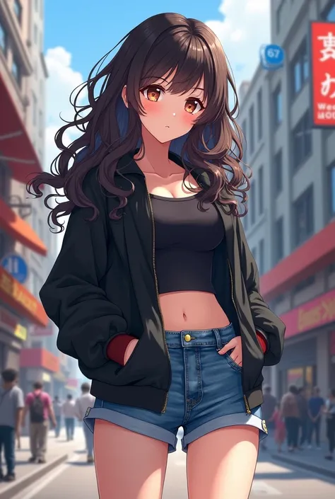 Detailed image of cute anime girl with curly long hair wearing a black jacket, croptop, and jean shorts in a city with hand in pocket. masterpiece Beatiful. Realistic shorts 




