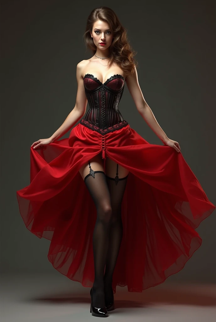 A woman with a corset, red skirt, long stockings and black heels 