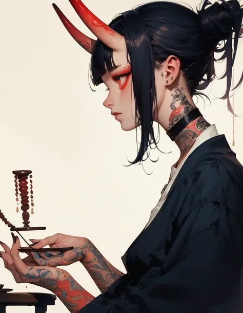 (score_9, score_8_up, score_7_up), zPDXL, 1 girl, alone, profile, pensive look, simple background, dark room, sitting on chair, snake eyes, upper body, tied hair, black hair, simple clothes, horns, white shirt, holding incense in hand, tattoos, incense rel...