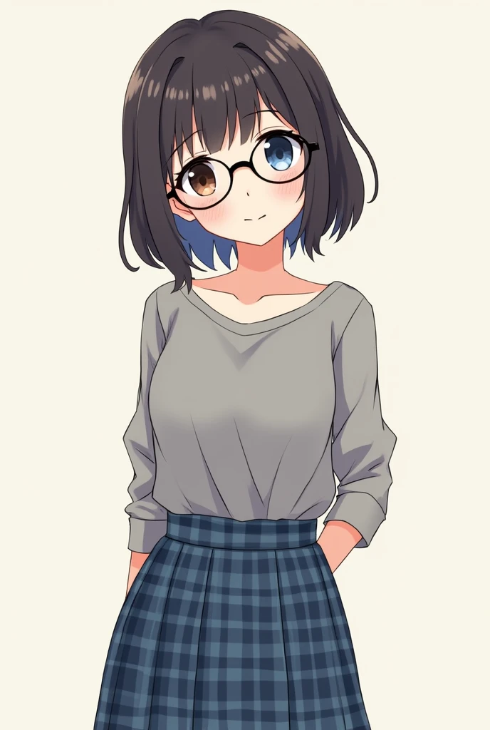 Create a half-Italian, half-Japanese girl. With bangs and short hair to the shoulder. like heterochromia: one blue eye and one brown. Wearing a gray, elbow-length blouse and a blue, checkered uniform skirt and black, round glasses.. anime style