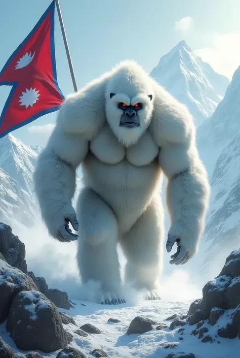 Create mythical character of yeti in nepal
Show nepal flag red and blue 
Make it beast