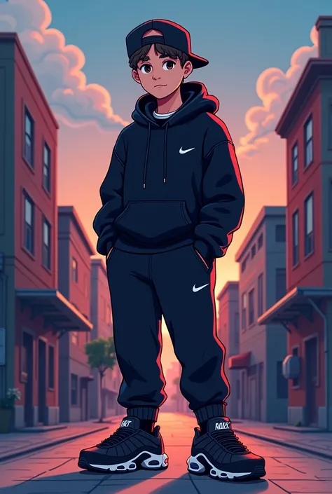 Create a logo for me for a Tik Tok profile in which the main element is a teenage male character wearing an Air Max Plus Triple Black, a black nike set and a backwards cap, background being several buildings at dusk in cartoon lines