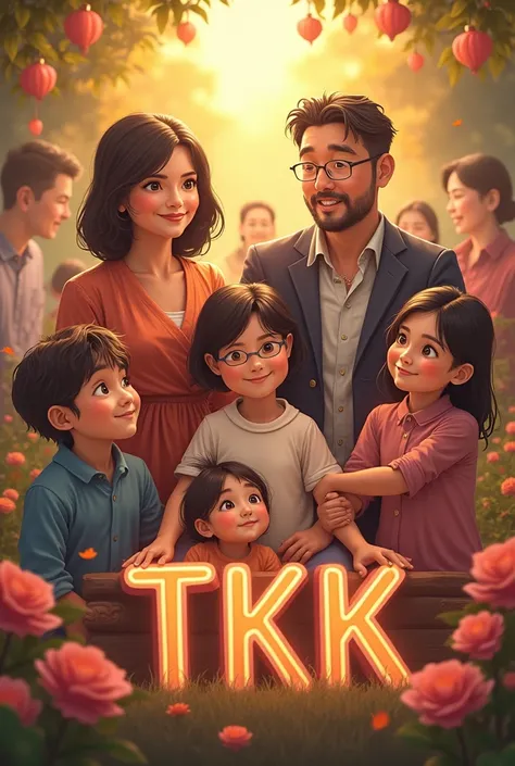 Create a photo as "tkk Family " in the centre in bold and caps and background as family and relatives setup