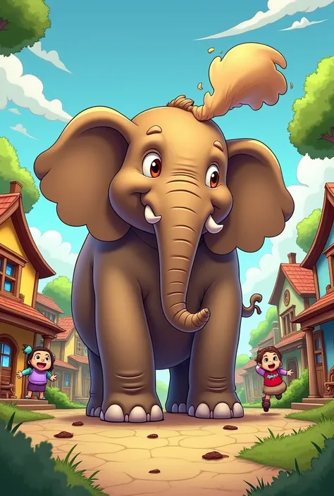 Giant brown elephant taking giant poop on its butt in the village, cartoon 