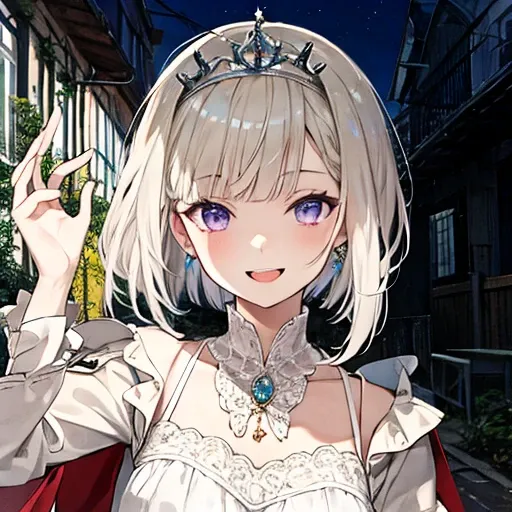 ((best quality)), ((masterpiece)), (detailed), 1girl, light purple eyes, tiara, white dress, short hair, bob haircut, light blond hair with light purple highlights, smile, Sagging eyes