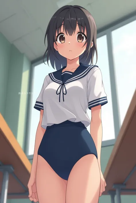 Girl standing in a school classroom,She wears a white sailor shirt over a navy blue school swimsuit with white trim.,1,bangs,Smile a little,Thighs,Knee,Crotch low ponytail,From below