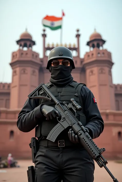 A Nsg Solder stand in front of lalkila, on the top of lalkila hang our indian national flag. except nsg commando background blur. Nsg commando with his black dress with a gun