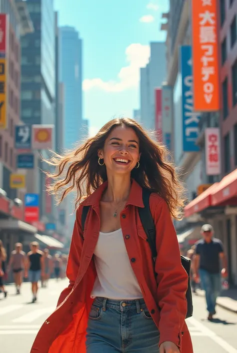 A girl walks around the city with a cheerful face. side long shot angel