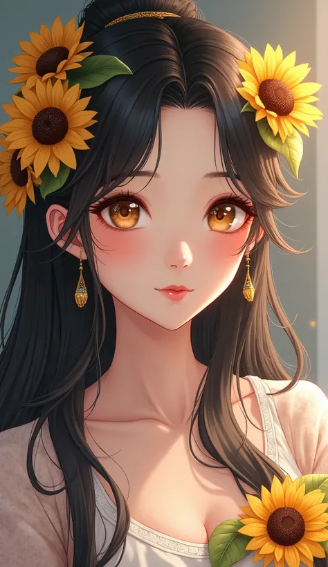 1 Chinese woman, Long hair, Sunflower Hair Clip, Best quality, High resolution, I&#39;m sitting here drawing a picture of a man.,anime