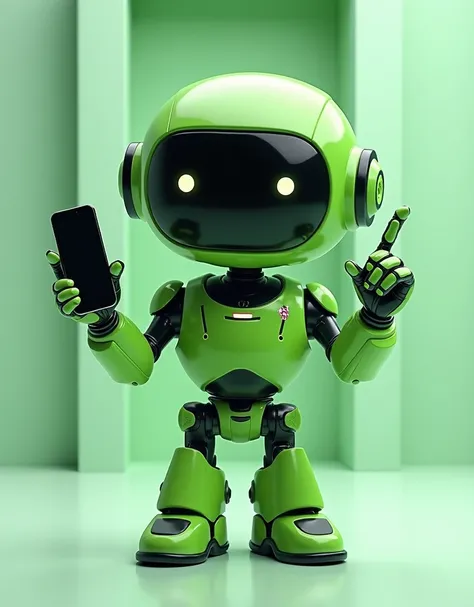 Create an image of Chip, the futuristic green and black robot mascot, holding a phone in one hand and pointing with the other. Chip should be smiling and looking energetic.