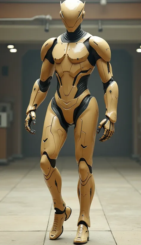 live-action、Real、Sand beige colored humanoid robot、Large inverted triangular head、Slim male body type、Bodysuit-like exterior、Additional armor on breastplate, elbows and knees