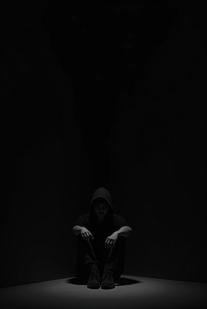 A person alone sitting in a corner in a black room