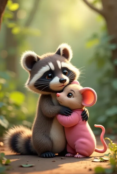 A scene where there is a raccoon and a little mouse with a cute pink jumpsuit, both of them are very close together and with animated love.