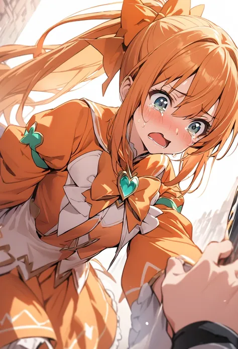 Best Quality、Lower Angle、One Girl、Magical Girl、Orange clothes、Orange Hair、ponytail、cry