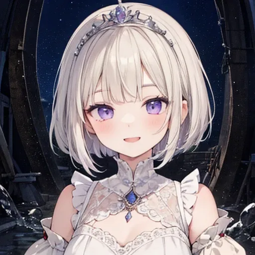 ((best quality)), ((masterpiece)), (detailed), 1girl, light purple eyes, tiara, white dress, short hair, bob haircut, light blond hair with light purple highlights, smile, Sagging eyes