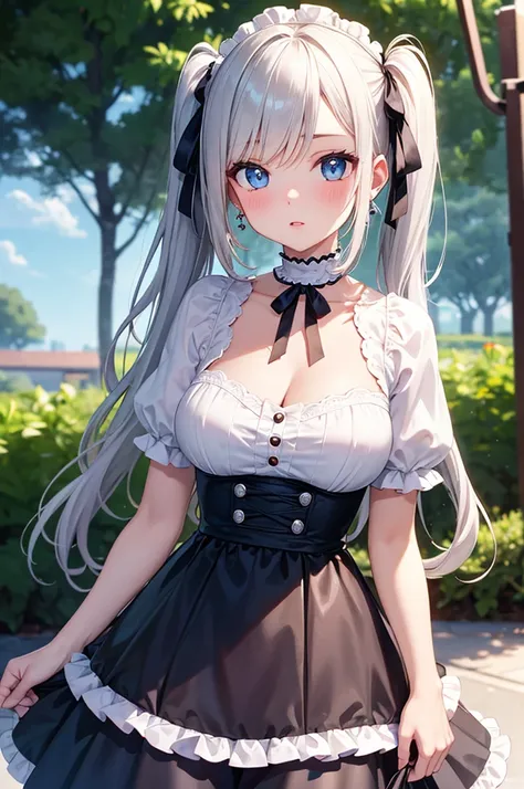 A beautiful girl in a light blue Lolita dress looking at flowers, a beautiful garden, trees, clear sky, a finger on her lips, short sleeves, ruffled dress, innocent look, big rounds breasts, white hair, blue bangs, hair intakes, long hair, twintails, swept...