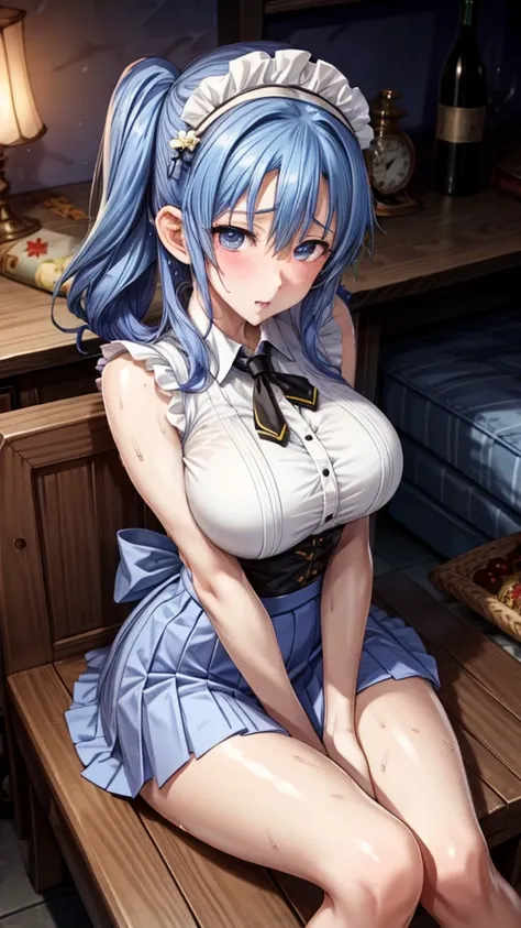 Anime girl in maid costume sitting on a bench，The background is a city, best anime 4k konachan wallpaper, Fine details. Girls Frontline, Lolish, from Girls Frontline, From the Azur Lane video game, Night Core, Azur route style, Cute anime girl in a beautif...