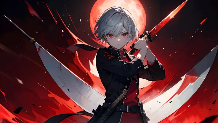 Fighting、Sword-holding pose、Chopping。Gray Hair、Short Hair、（Red moon background）、Red flaming sword。(Underexpose Lighting))、solo、Black military uniform、Fighting、Sword-holding pose、Chopping。Red flaming sword。Detailed painting