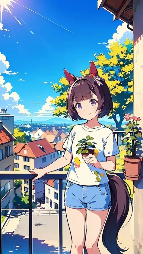 masterpiece, Best Quality, High resolution, Very detailed,(((Nishino Flower))), (((Horse Girl))), (((Standing at a distance))), (((Standing on the balcony))), (((Streetscape))), (((nature))), (((T-Shirts))), (((Shorts))), (((Plants))), (((blue sky))), (((s...