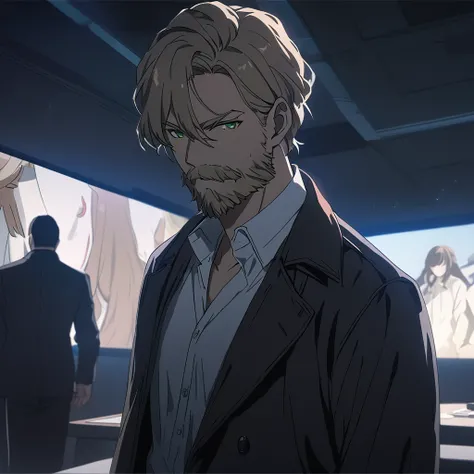 One male, adult man, Light brown hair, green eyes, hair over one eye, 5 oclock shadow beard, black trench coat, white shirt, messy shirt, black pants, ominous vibe, friendly, relaxing, Ultra quality, UHD, high detail, anime aesthetic, Anime screenshot, Ult...