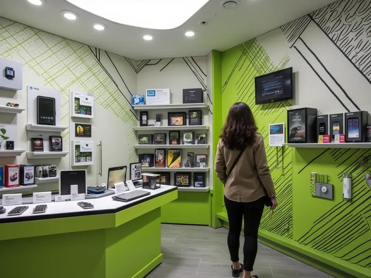 Edit the interior of a small mobile accessories store with a green wall and white display panels. Add sleek black and white design lines on the green wall to create a modern, tech-inspired atmosphere. Incorporate horizontal and diagonal black lines of unif...