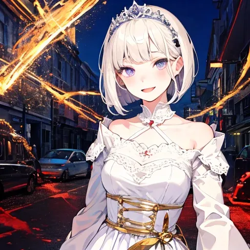 ((best quality)), ((masterpiece)), (detailed), 1girl, light purple eyes, tiara, white dress, short hair, bob haircut, light blond hair with light purple highlights, smile, Sagging eyes