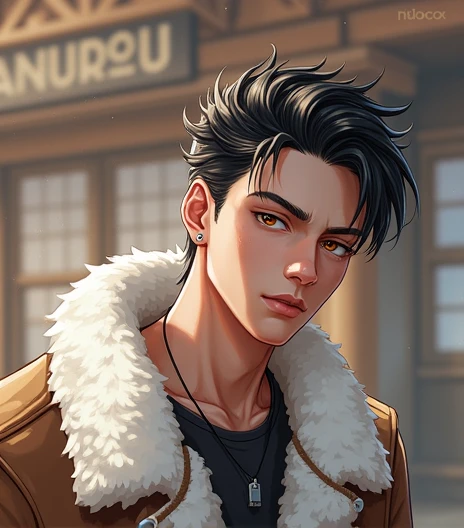 detailed, High Quality, He has small piercings in his ears, Handsome man, Realistic digital art, black hair amber eyes