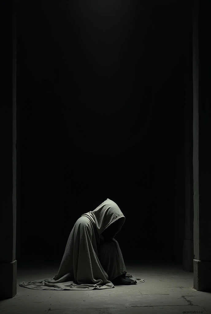 A lonely person sitting looking at a corner of the black room covered with a hood, that expresses melancholy, sadness and above all loneliness