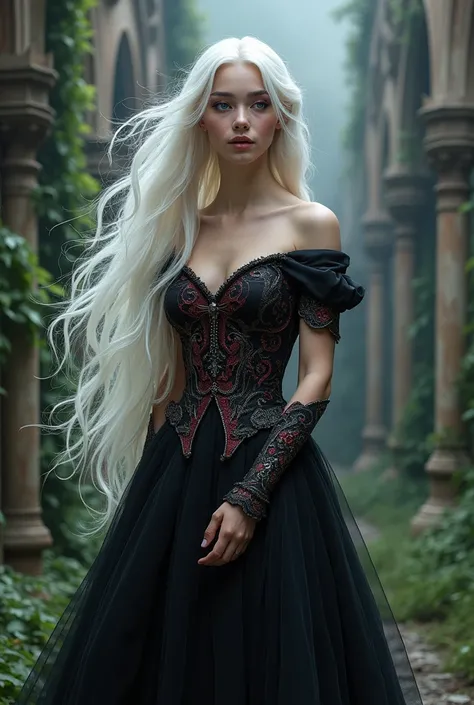 Make a woman, she is between 20 and 2, long white hair, purple eyes, She is wearing a noble dress because she is a princess, her dress is black with red and silver details.
she is in a medieval setting, she is very beautiful 