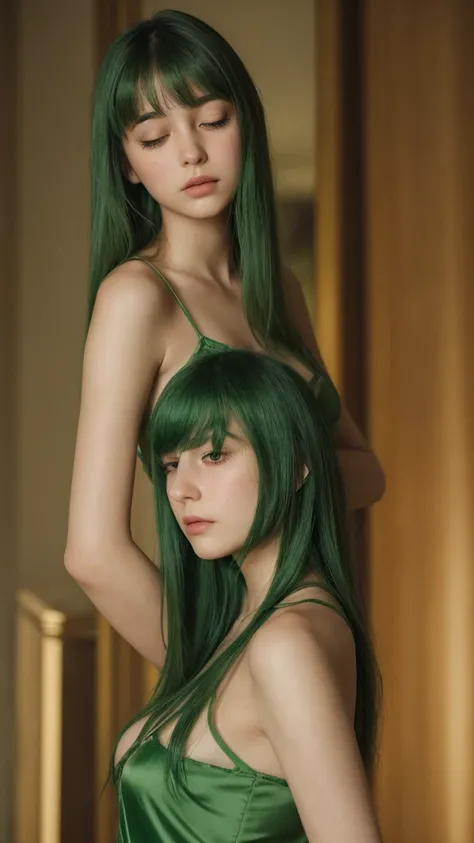 a girl. European. Extremely detailed face. Oval face. Delicate facial features. Half-closed eyes. Long straight hair. Messy hair. Bangs. Green hair. Green eyes. green silk nightgown. slutty. expressionless face