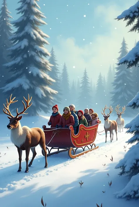 A sleigh with people inside and pulled by a reindeer 