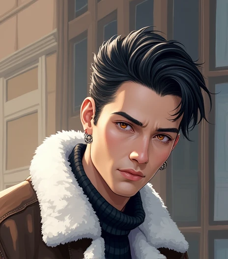 detailed, High Quality, He has small piercings in his ears, Handsome man, Realistic digital art, black hair amber eyes