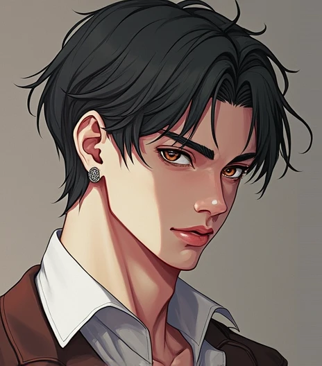 Detailed Photorealism, High Quality, He has small piercings in his ears, Handsome man,realistic, black hair amber eyes