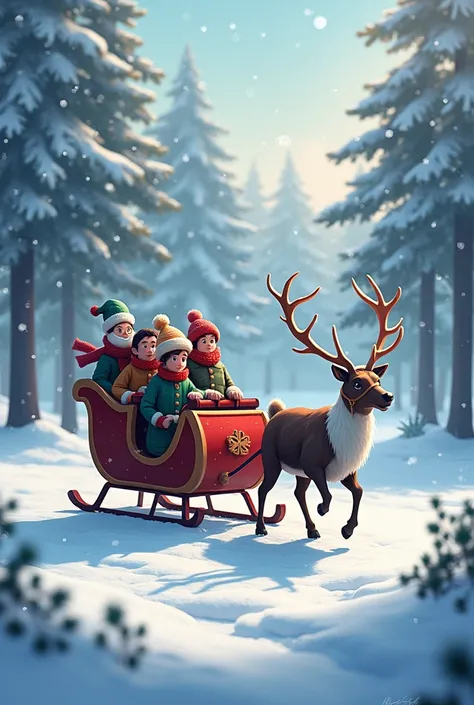 A sleigh with people inside and pulled by a reindeer 