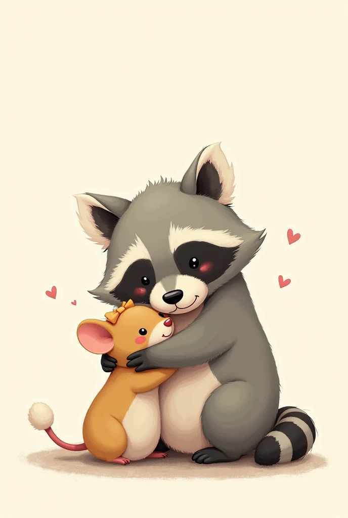 A raccoon and a little mouse hugging each other with lots of love in 2d and the little mouse has a bow on her head 