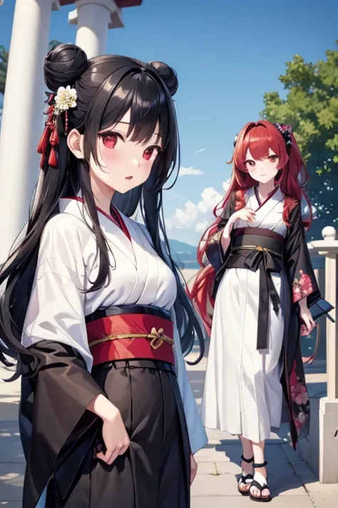 ((masterpiece,)),2 girls, black kimono, Black Legwear, black ribbon black hair, 樱flower, sky, flower, Hair Bun, hair ribbon japanese clothes, kimono, Long hair, Looking at the audience, review , Multiple girls, belt, outdoor, Red Eyes, Red Hair, Ribbon San...