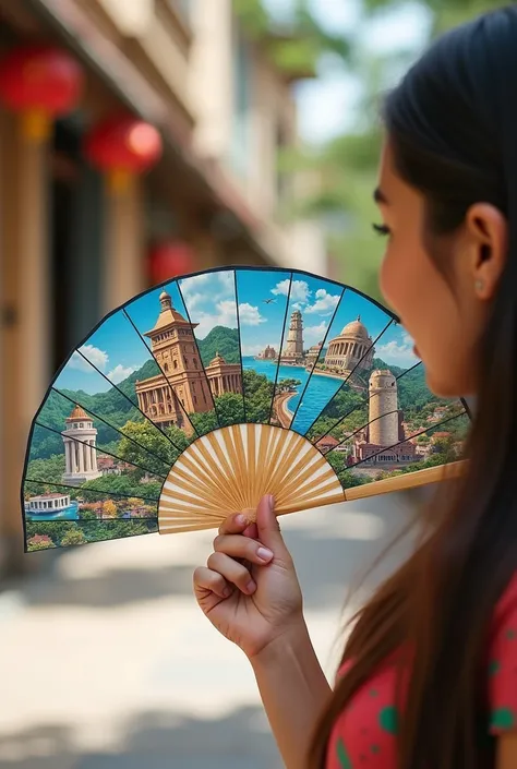 fan has bamboo stick and design with local tourist destinations