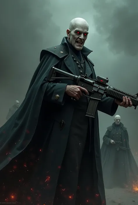 Lord Voldemort wearing army uniform, holding a machine gun